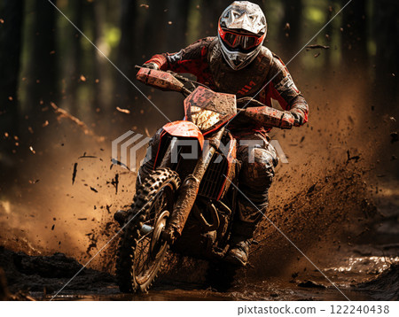 A dirt bike motorcycle is being ridden on a muddy off road. 122240438