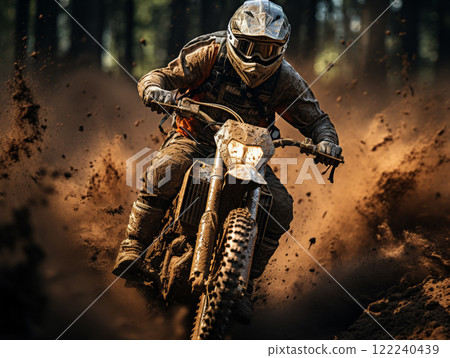 A dirt bike motorcycle is being ridden on a muddy off road. 122240439