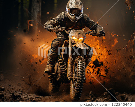 A dirt bike motorcycle is being ridden on a muddy off road. A dirt bike motorcycle is being ridden on a muddy off road. 122240440