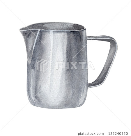 Watercolor illustration with stainless steel milk frothing pitcher for whipping milk foam Watercolor illustration with stainless steel milk frothing pitcher for whipping milk foam 122240550