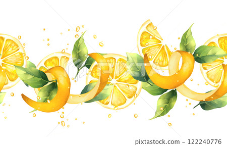 Hand-drawn pattern, seamless fruit border of lemons and leaves. Hand-drawn pattern, seamless fruit border of lemons and leaves. 122240776