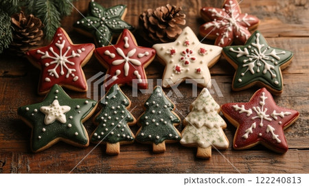 A beautifully arranged set of Christmas cookies shaped like stars, trees, and snowflakes. A beautifully arranged set of Christmas cookies shaped like stars, trees, and snowflakes. 122240813