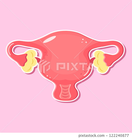 Uterus illustration with ovaries on pink background sticker 122240877