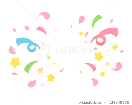 背景插圖，帶有綻放的櫻花花瓣、絲帶和星星 122240926