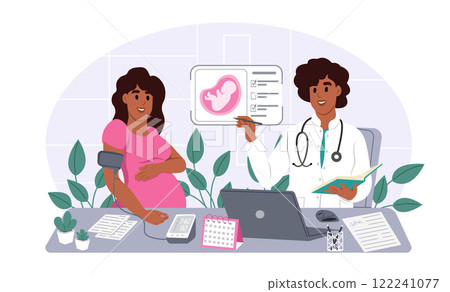 Preeclampsia awareness month. Pregnant woman measures blood pressure during a visit to the doctor. Vector illustration. Preeclampsia awareness month. Pregnant woman measures blood pressure during a visit to the doctor. Vector illustration. 122241077