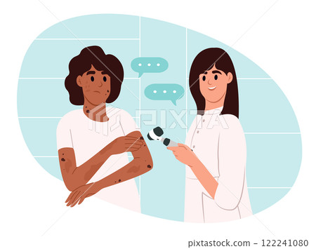 Skin diseases. Diagnosis of skin cancer. The doctor examines the patient's skin diseases using a dermoscope. Vector illustration Skin diseases. Diagnosis of skin cancer. The doctor examines the patient's skin diseases using a dermoscope. Vector illustration 122241080