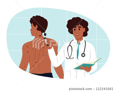 Skin cancer and melanoma awareness month. Health problem, skin diseases. Diagnosis of skin cancer. The doctor examines the patient's skin diseases using a dermoscope. Vector illustration Skin cancer and melanoma awareness month. Health problem, skin diseases. Diagnosis of skin cancer. The doctor examines the patient's skin diseases using a dermoscope. Vector illustration 122241081