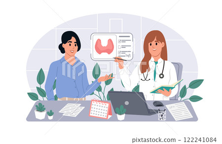 Thyroid health concept. Thyroid awareness month. Endocrinologist deal with the diagnosis and treatment of the human thyroid. Vector illustration in flat style Thyroid health concept. Thyroid awareness month. Endocrinologist deal with the diagnosis and treatment of the human thyroid. Vector illustration in flat style 122241084