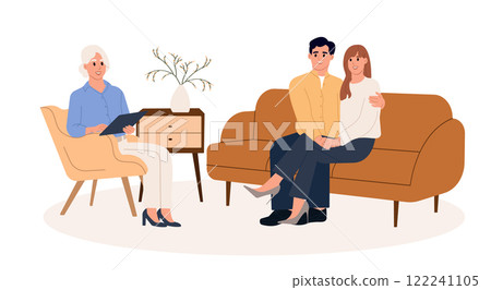 People at psychotherapy. A young happy couple undergoing psychotherapy with a psychologist. The couple renews their marriage. Vector illustration in flat style 122241105