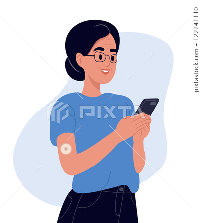 Elderly woman with diabetes checks monitor blood sugar level with glucose sensor and mobile phone. Person uses a mobile app for diabetics. National diabetes awareness month. 122241110