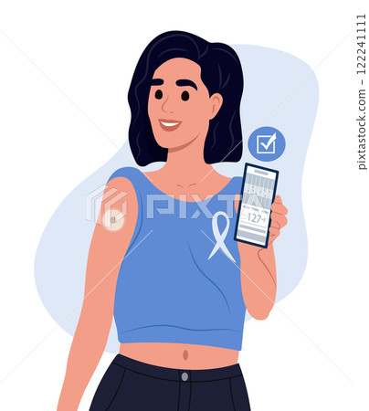 Woman with diabetes checks monitor blood sugar level with glucose sensor and mobile phone. A woman uses a mobile app for diabetics. National diabetes awareness month. Woman with diabetes checks monitor blood sugar level with glucose sensor and mobile phone. A woman uses a mobile app for diabetics. National diabetes awareness month. 122241111