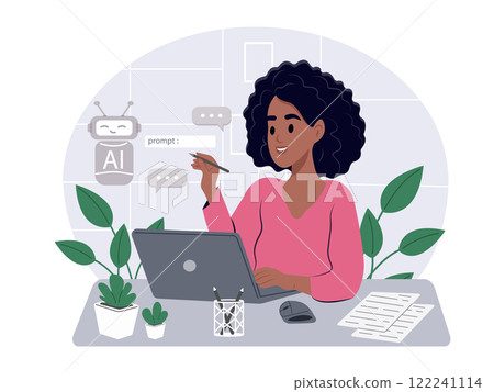 African American woman chatting with a smart AI chatbot developed. A woman writes a search prompt 122241114