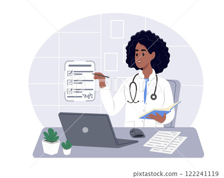 Doctor review electronic medical records. The therapist issues an online prescription. Vector flat illustration isolated on white background Doctor review electronic medical records. The therapist issues an online prescription. Vector flat illustration isolated on white background 122241119