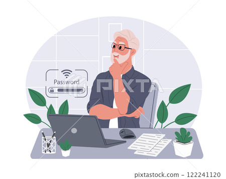 An elderly man uses a laptop to connect to Wi-Fi. Vector flat illustration isolated on white background 122241120