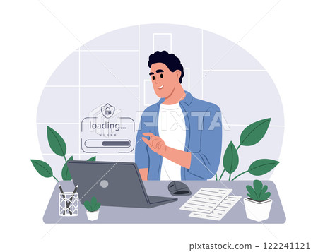 A man uses a laptop to download a website. Man waits to download and update the program. Vector flat illustration isolated on white background A man uses a laptop to download a website. Man waits to download and update the program. Vector flat illustration isolated on white background 122241121