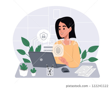 Person uses a fingerprint login to enter his personal account. Security of access to personal data. Cyber Security Awareness Month. Vector flat illustration 122241122