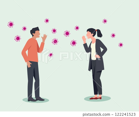 Illustration of two people interacting with a virus spread concept, featuring colorful virus particles floating between them. Perfect for medical themes 122241523