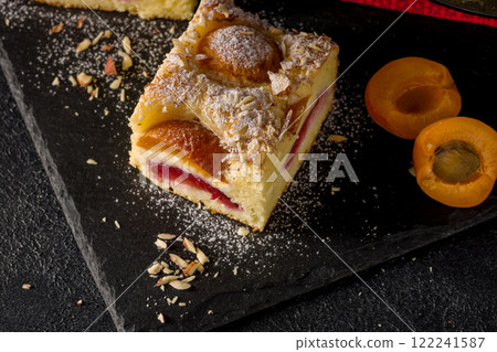 Cottage cheese pie with apricot and plum Cottage cheese pie with apricot and plum 122241587