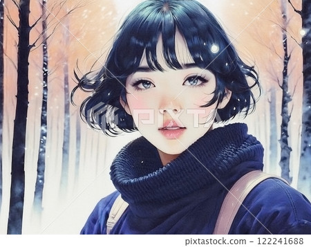 Illustration of a cold-looking woman on a snowy day 122241688
