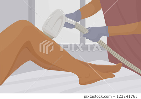 An illustration of laser hair removal on legs, with a technician holding the device flat vector An illustration of laser hair removal on legs, with a technician holding the device flat vector 122241763