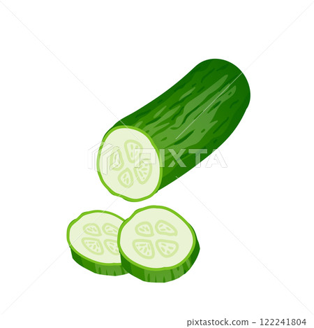 Green cucumber with slices in flat design. Natural organic vegetable. Vector illustration isolated. 122241804