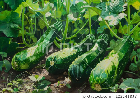 A plantation teems with zucchinis, their green bodies nestled among thick foliage, growing vigorously and ready for harvest 122241838