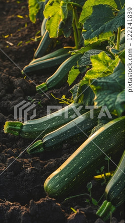 On a flourishing plantation, zucchinis grow abundantly, their fresh, green forms standing out against the rich soil and verdant leaves 122241839
