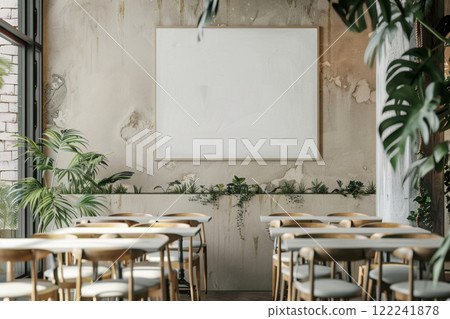 In a chic, modern cafe, a blank poster graces the wall, adding to the streamlined aesthetic and offering a canvas for creativity amidst the trendy, urban setting, mockup 122241878