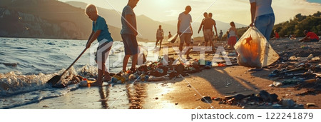 Amidst a polluted sea beach, environmental activists work tirelessly, their passion driving dedicated cleanup endeavors, united in the mission to protect coastal habitats, banner 122241879