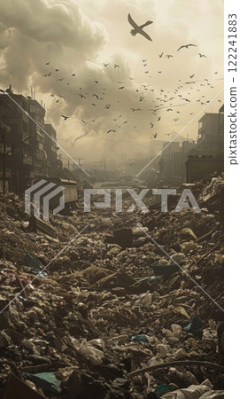 In a large city dump, towering heaps of garbage illustrate the volume of waste generated daily, underscoring the need for sustainable waste management solutions 122241883