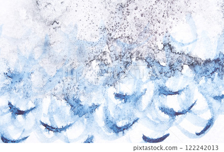 Abstract ocean waves and white cloudy sky in blue watercolor painting Abstract ocean waves and white cloudy sky in blue watercolor painting 122242013
