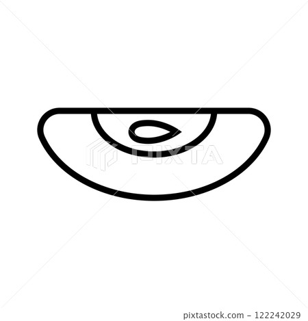 Outline and linear icon of quarter, slice of apple with a seed, grain inside. Vector illustration. Isolated on white background. Outline and linear icon of quarter, slice of apple with a seed, grain inside. Vector illustration. Isolated on white background. 122242029