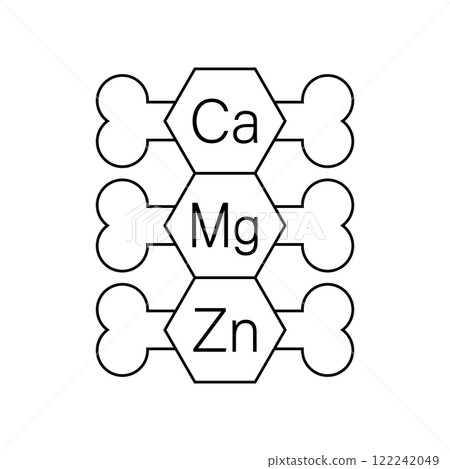 Calcium, magnesium and zinc vitamins for bones. Ca, Mg, Zn set. Vector clipart and drawing. Isolated illustration on white background. Calcium, magnesium and zinc vitamins for bones. Ca, Mg, Zn set. Vector clipart and drawing. Isolated illustration on white background. 122242049