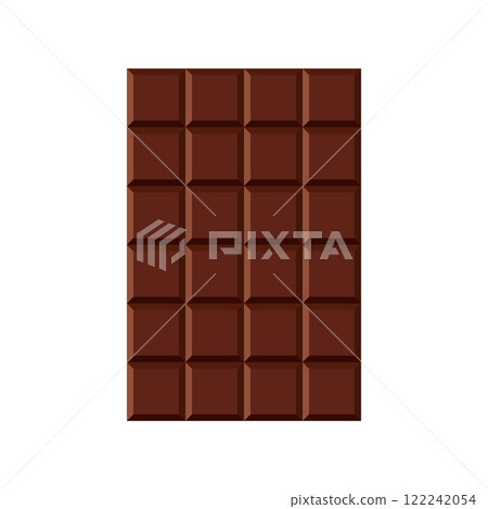 Whole rectangular chocolate bar. Square pieces of dark brown milk chocolate. Vector illustration on white background. Whole rectangular chocolate bar. Square pieces of dark brown milk chocolate. Vector illustration on white background. 122242054
