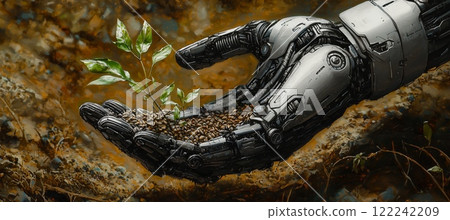 Futuristic Robot Hand Nurturing Seedlings and Soil in a Creative Conceptual Scene 122242209