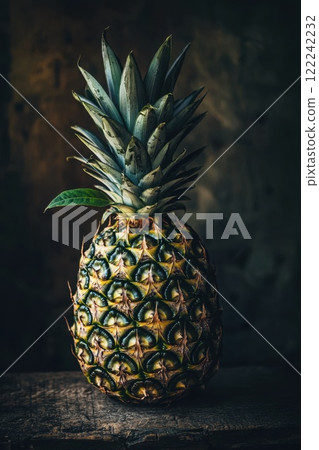 Fresh and vibrant pineapple sitting against a rustic dark background on wooden table Fresh and vibrant pineapple sitting against a rustic dark background on wooden table 122242232