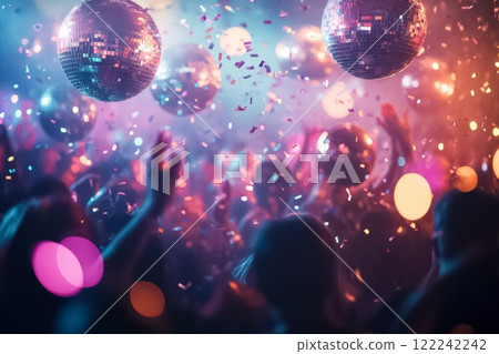 Vibrant Disco Party Scene with Glittering Disco Balls and Confetti in Motion 122242242