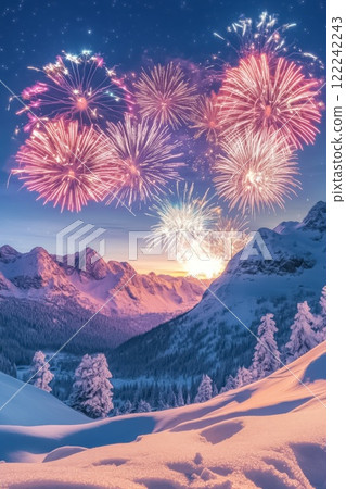 Stunning Winter Scene with Vibrant Fireworks Over Snowy Mountain Landscape 122242243