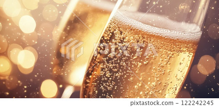 Close-up of bubbly champagne in a glass with golden sparkles and blurred background Close-up of bubbly champagne in a glass with golden sparkles and blurred background 122242245