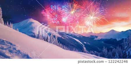 New Year's Eve Celebration Over Snowy Mountain Landscape with Colorful Fireworks 122242246