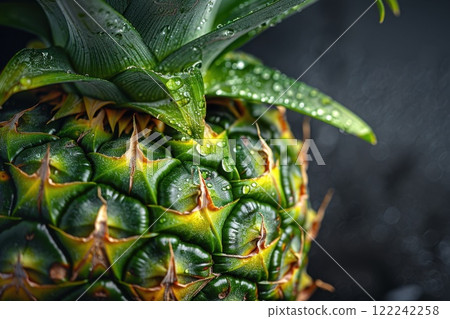 macro close-up of fresh pineapple with water droplets on a dark background macro close-up of fresh pineapple with water droplets on a dark background 122242258