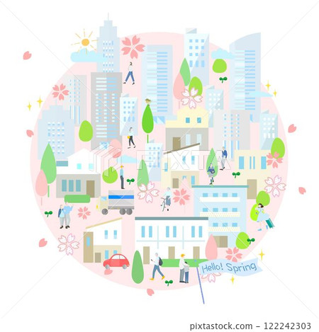 Cherry blossoms and buildings - Streetscape and people walking landscape vector illustration - People on the planet - Spring background material Cherry blossoms and buildings - Streetscape and people walking landscape vector illustration - People on the planet - Spring background material 122242303