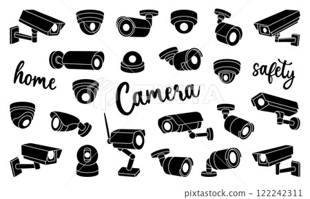 Black security cameras set. Safety home protection system. Vector illustration. Black security cameras set. Safety home protection system. Vector illustration. 122242311