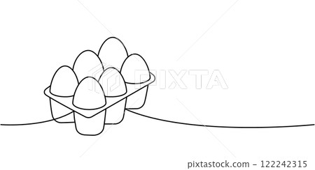 Chicken eggs in carton box one line continuous drawing. Organic farm product. Vector illustration 122242315