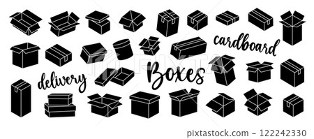 Black delivery boxes set. Present gift boxes. Vector illustration. 122242330
