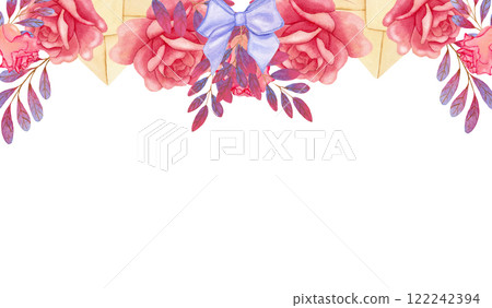 Watercolor board with envelopes, roses, violet bow and violet pink brunches.  122242394