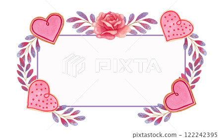 Watercolor rectangle frame with heart-shaped pink cookies, roses and violet rose brunches.  122242395