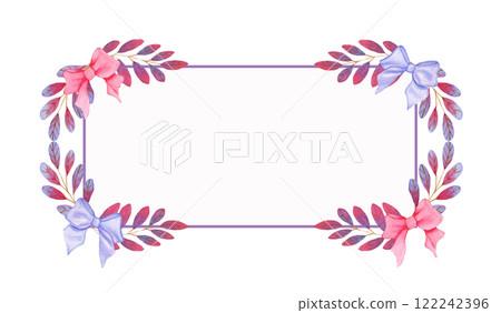 Watercolor rectangle frame with pink and violet bows and violet rose brunches. Watercolor rectangle frame with pink and violet bows and violet rose brunches. 122242396