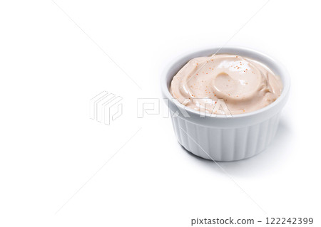 Mexican sauce with pepper and spices isolated on white background Mexican sauce with pepper and spices isolated on white background 122242399