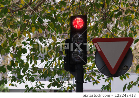 Traffic light in the park next to the give way sign 122242418
